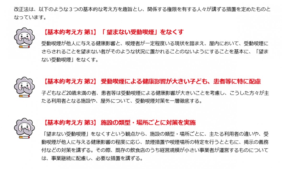 考え方1望まない受動喫煙をなくす。2受動喫煙による健康影響がおおきい子供、患者等に特に配慮。3施設の類型・場所ごとに対策を実施。