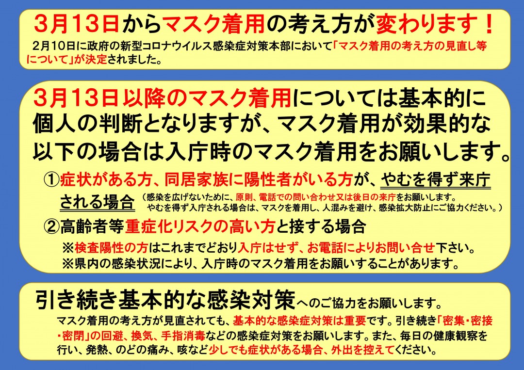 1症状がある方、同居家族に陽性者がいる方がやむを得ず来庁される場合。2重傷者リスクの高い方と接する場合はマスク着用をお願いします