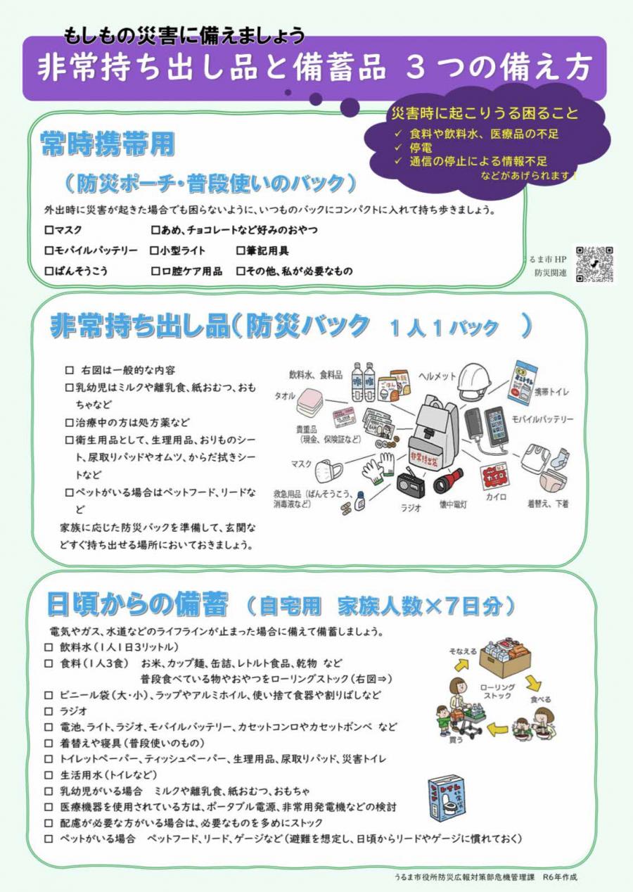 非常持ち出し品と備蓄3つの備え方